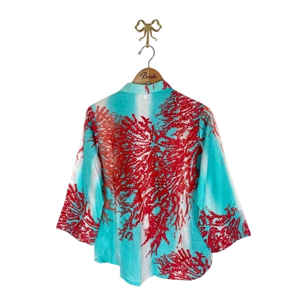 Modaposa Red Coral Print Cotton Button Down Shirt Turquoise XL Coastal Vacation - Picture 3 of 6